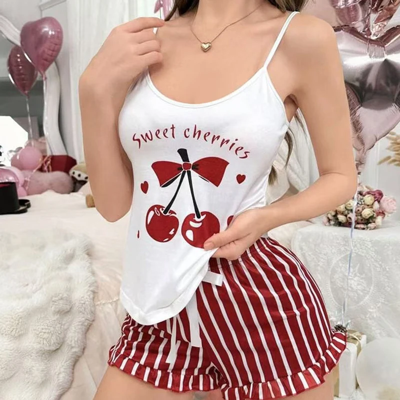 

Summer New Women's Pajama Set Breathable Soft Casual Love Printed Design Sweet Home Strap Shorts Pajamas