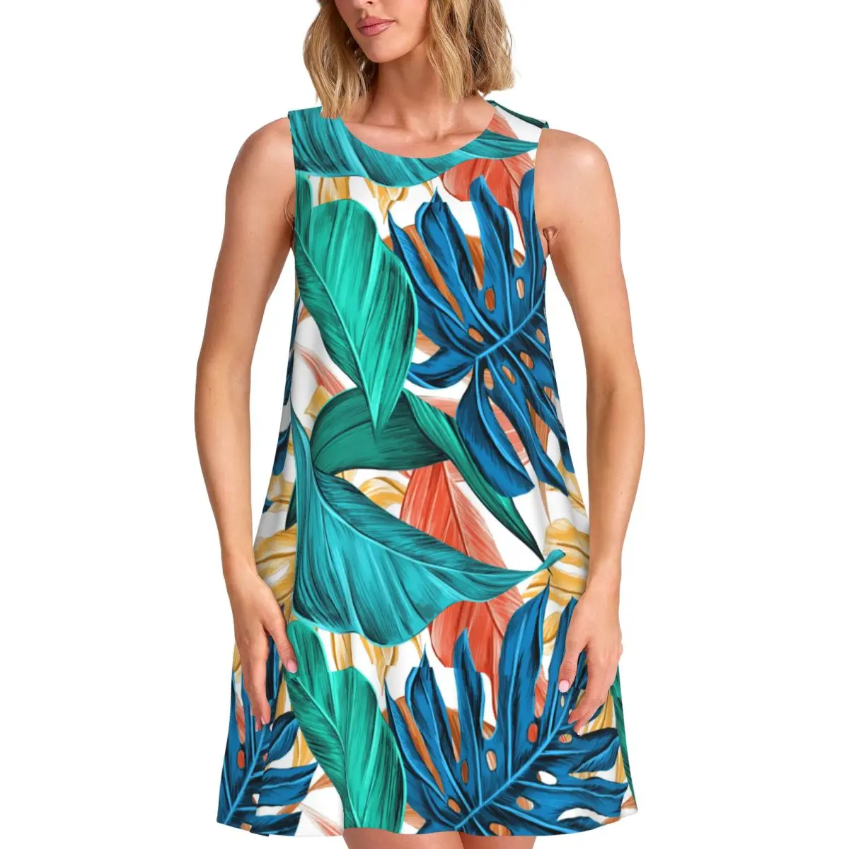 Tropical Leaves Dress Green And Blue Plant Cute Dresses Date Fashion Oversized Casual Dress New Arrival Woman Pattern Clothes