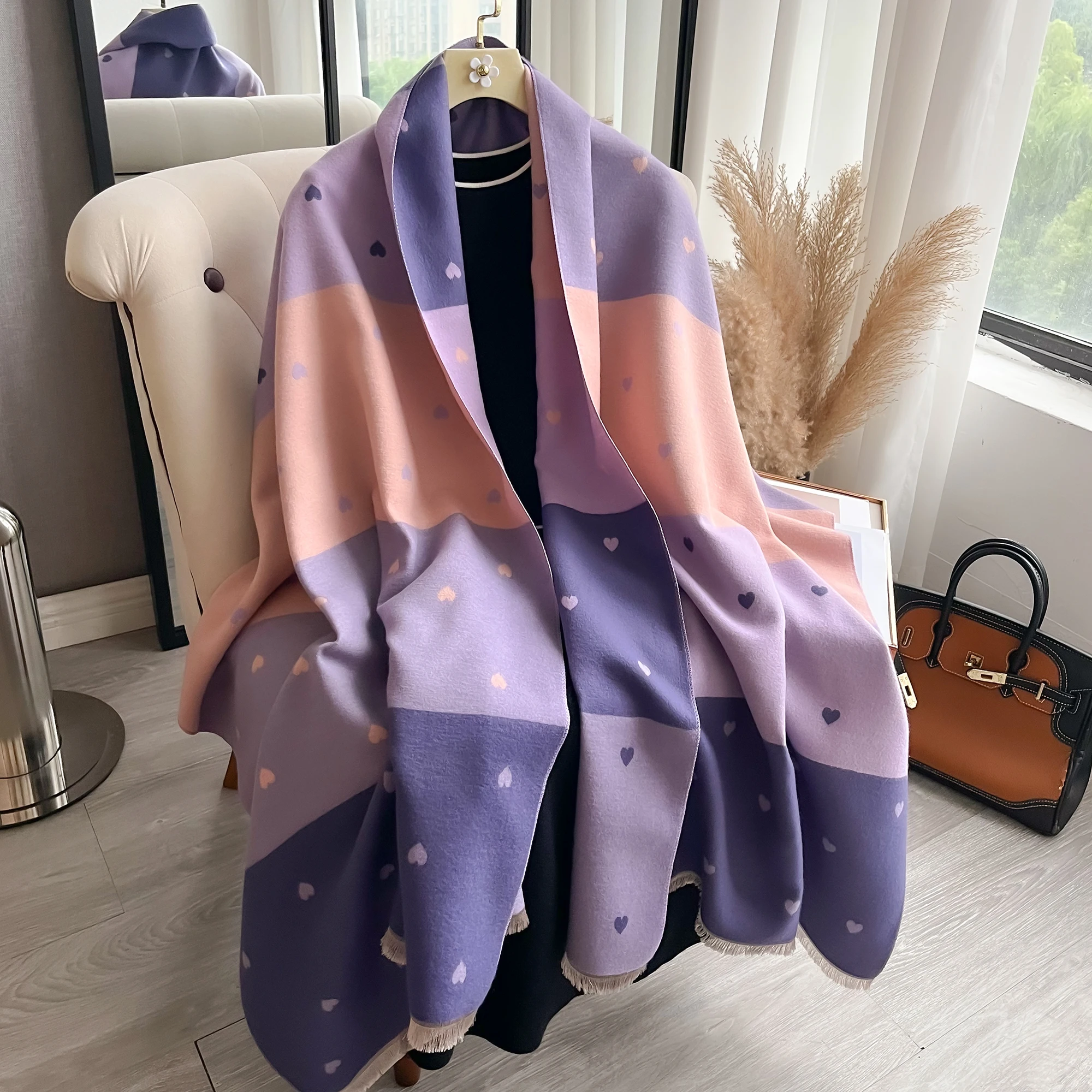 Color match Thickened Double-sided Warm Scarf Imitation Cashmere Short Beard Shawl Autumn Winter Coldproof Female Scarf Shawl