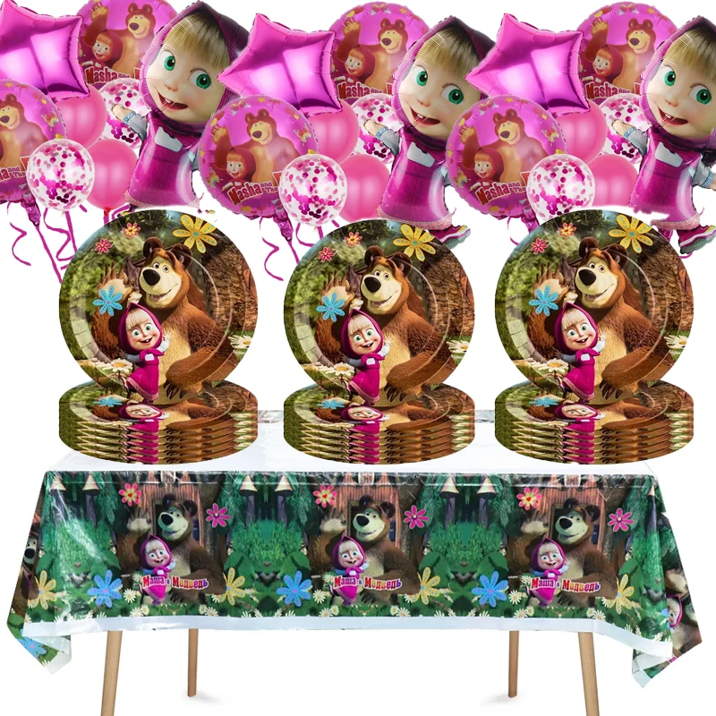 Décorations de fête d'anniversaire pour fille et ours, vaisselle, assiettes en papier, gobelets, serviettes, fournitures, ballons, arrière-plan, cadeaux pour enfants