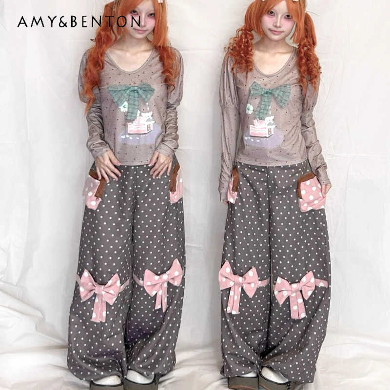 

Original Design Splicing Large Pocket Polka Dot Bow Women's Trousers 2025 Autumn New Vintage Versatile Loose Slimming Pants Girl