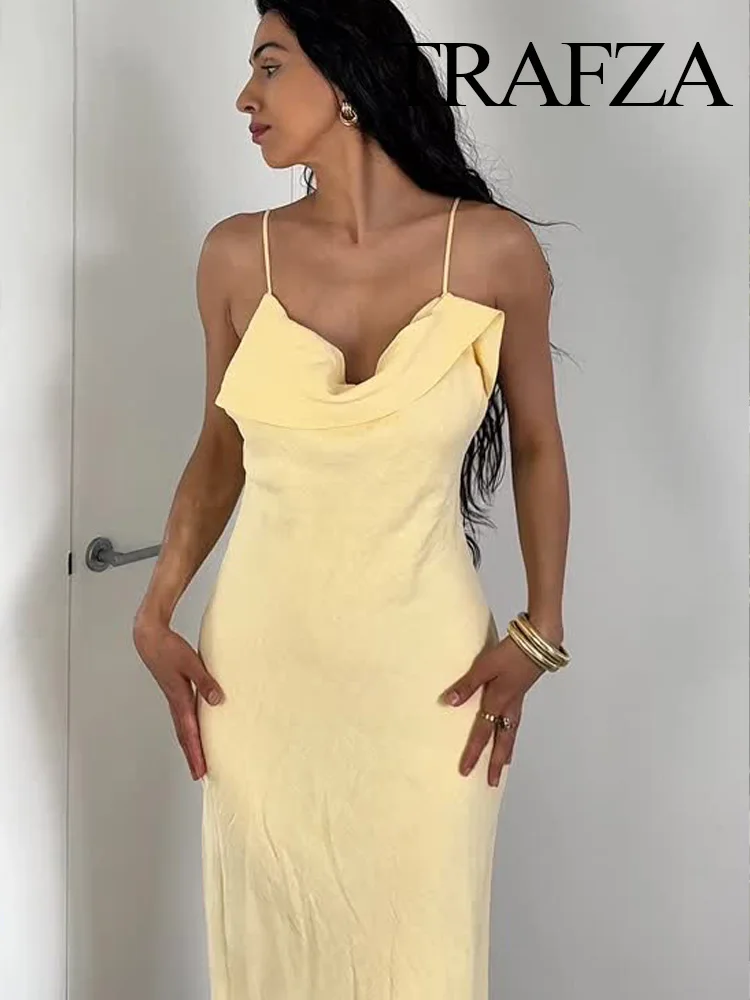 

TRAFZA 2025 Summer Women Sexy Sleeveless Backless Dress Fashion Woman Back Band Asymmetrical Decoration Slim Sling Dress