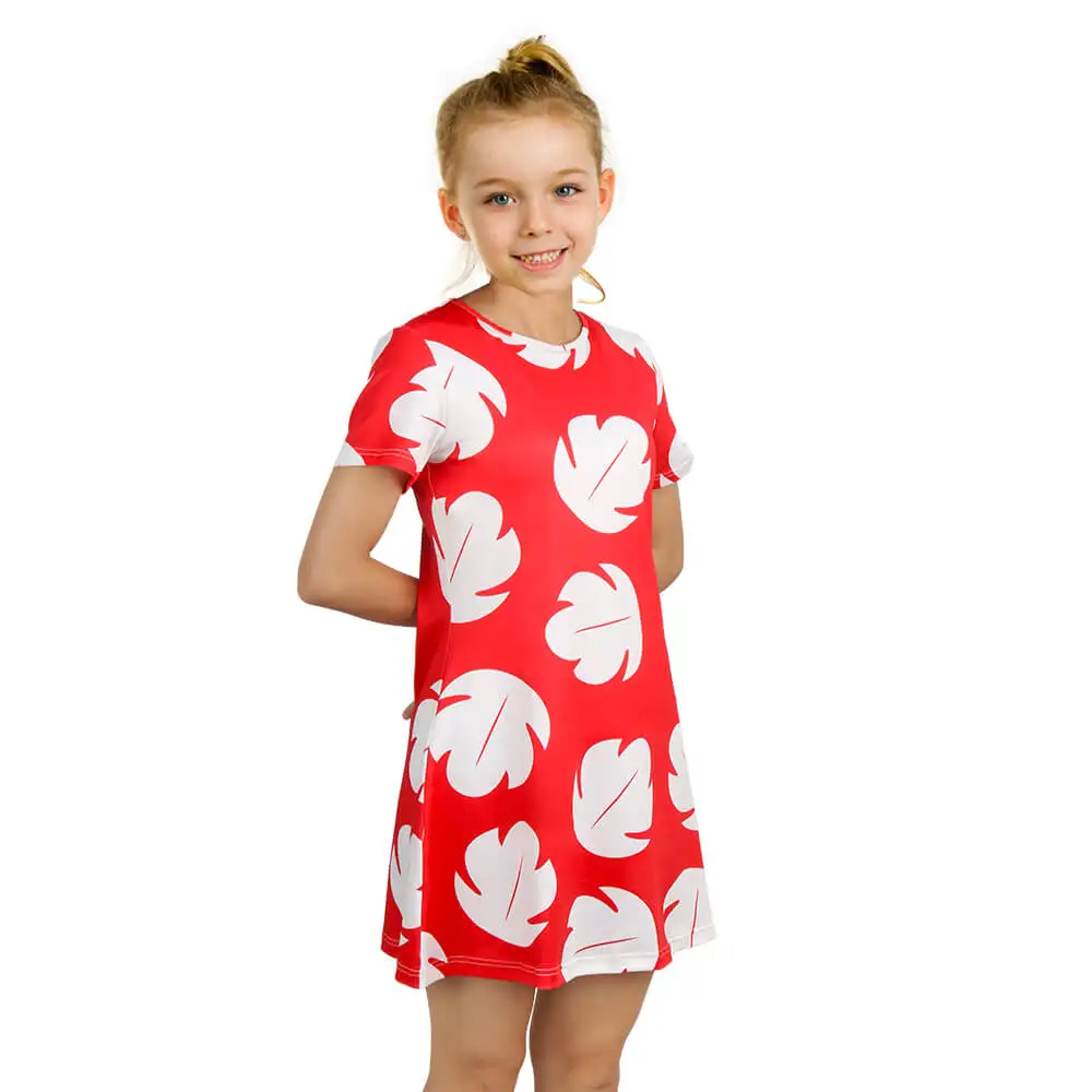 Lilo Dress for Kids Girls Long Red Dress Leaf Printed Summer Costume Halloween Cosplay Outfits