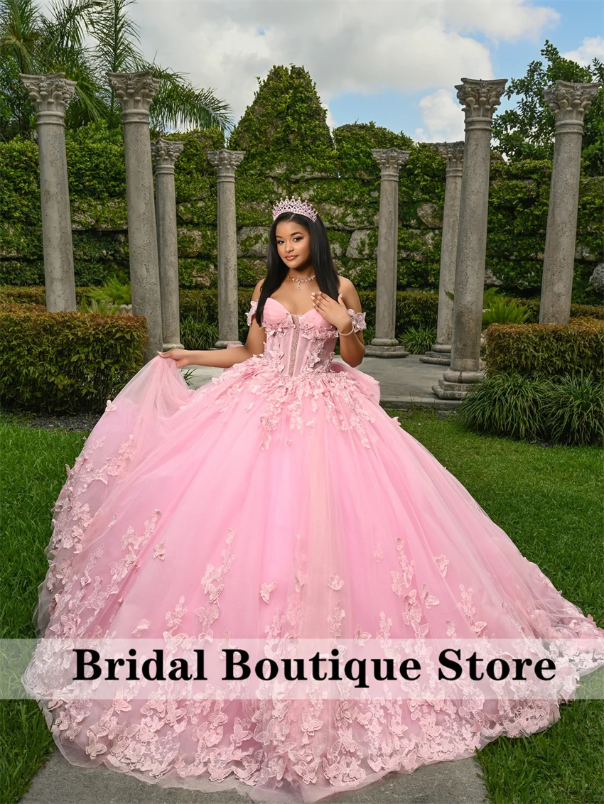 

Luxury Pink Quinceanera Dresses With Bow Flower Butterfly Appliques Crystals Sweet 16 Dresses Ball Gown Customized