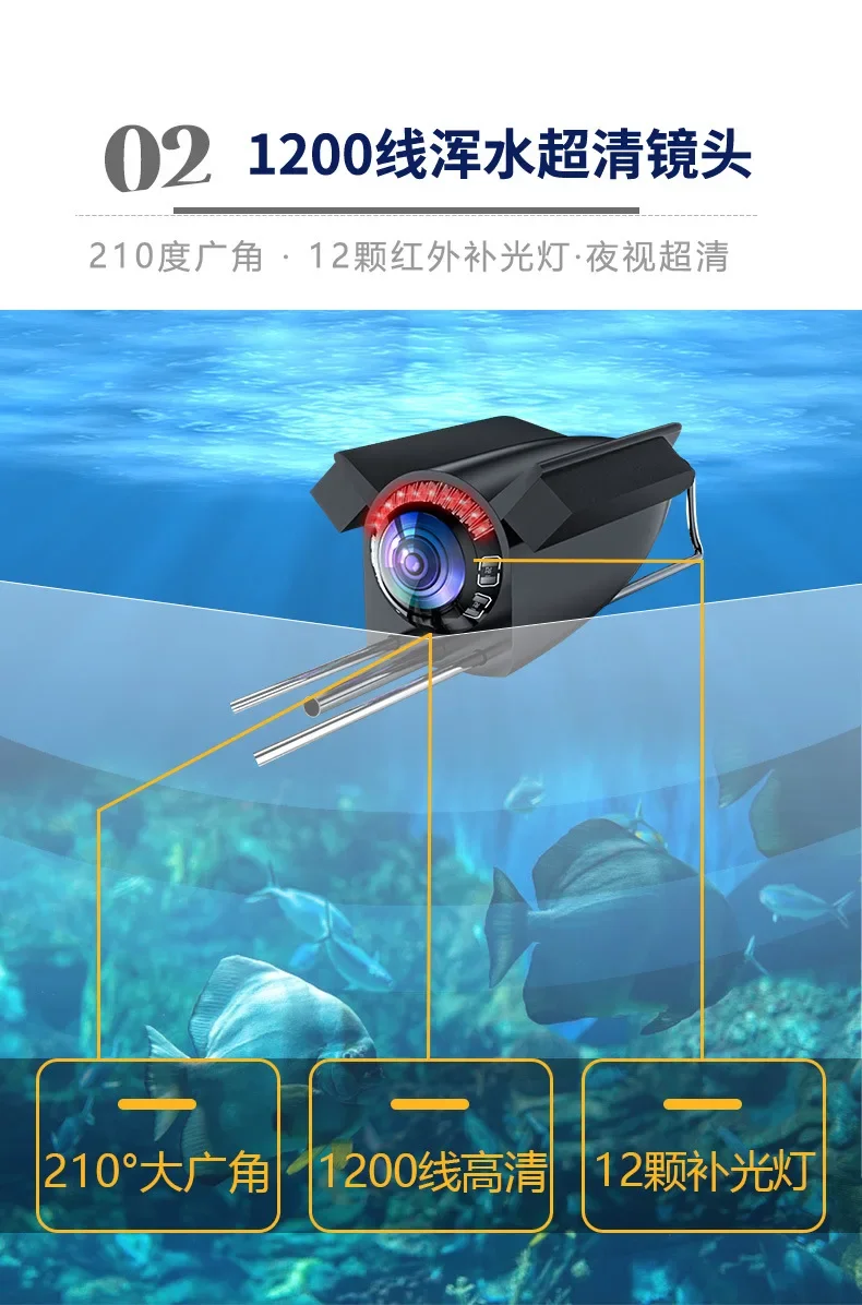 Vídeo de Pesca Subaquática HD de 5 polegadas com Ângulo Amplo de 195 Graus, com Cabo e Vara de Pesca de 3,6m e 4,5m