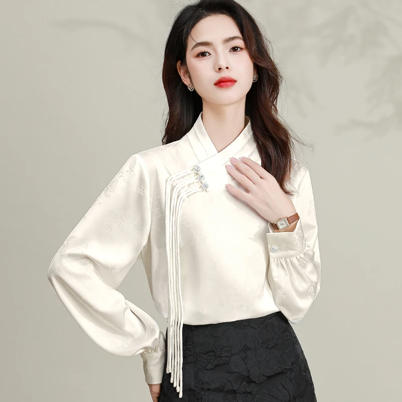 2024 Women Glossy Jacquard Silk Shirt Mandarin Collar Special Tassels Design Top Office Lady Refinement Han Style Upper Garment