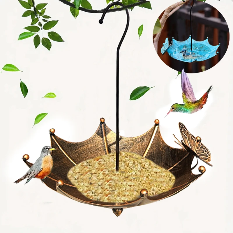 1 Vintage Garden Umbrella-Shaped Bird Feeder with Butterflies, Outdoor Hanging Bird Bath and Feeder Bowl, Garden Courtyard Decor