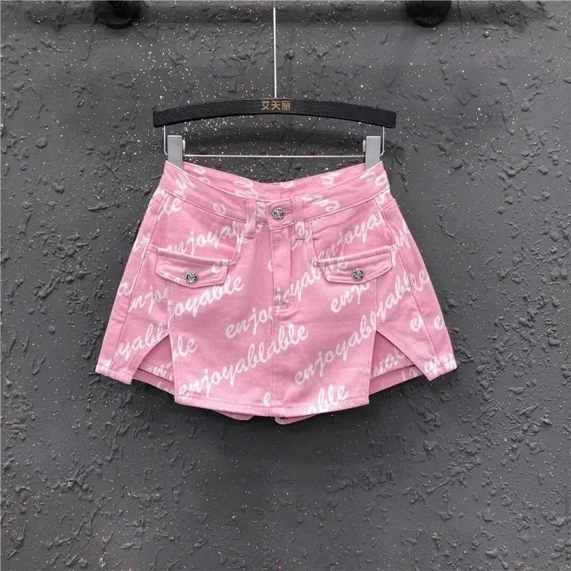 Women\'s Pink Slit A-line Denim Shorts Skirt 2024 Summer New High-waisted Slim Hip Skirt Korean Fashion Clothing