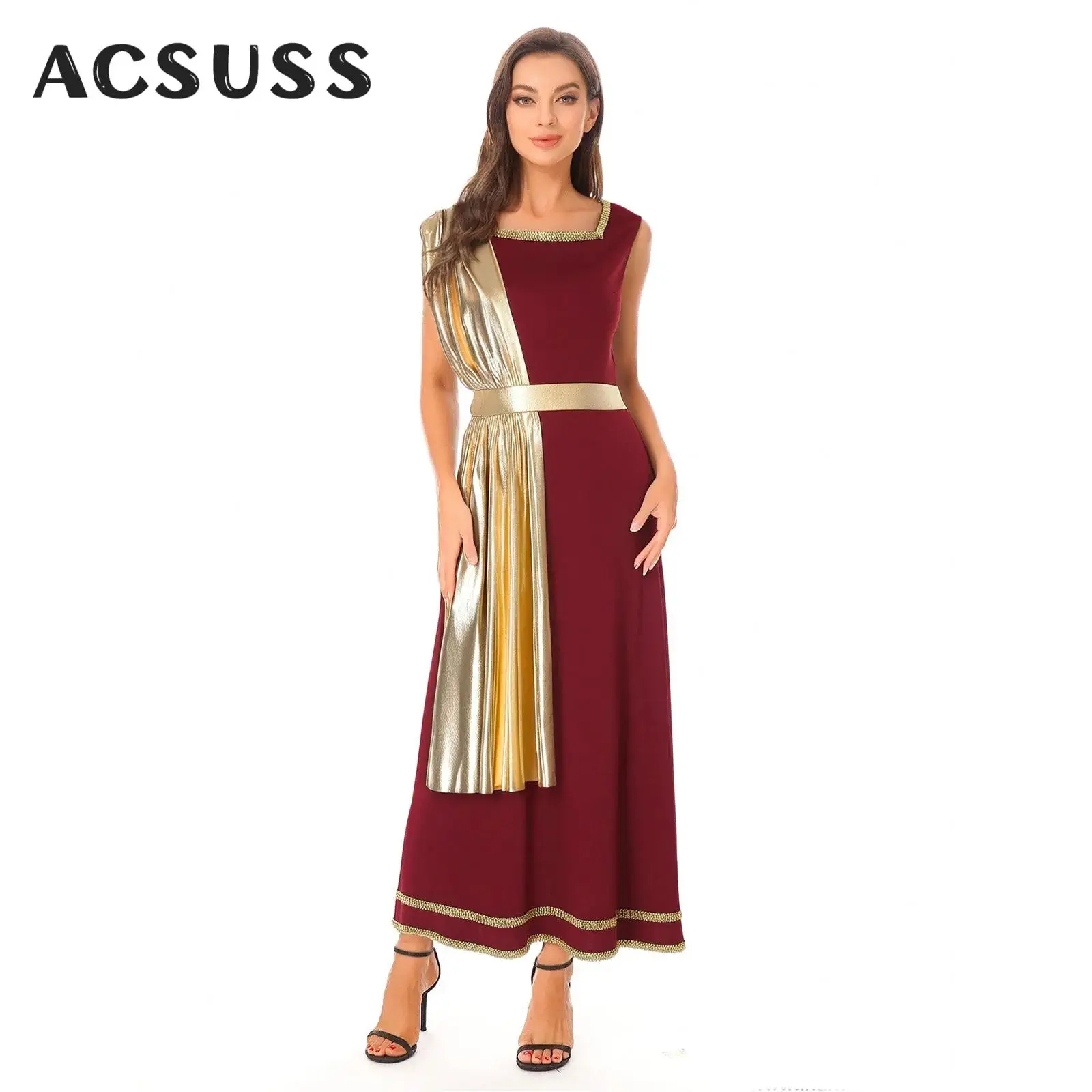 

Women Roman Ancient Greek Athenian Goddesses Toga Halloween Carnival Party Cosplay Costume Sleeveless Gold Trim Tunic Dress Robe