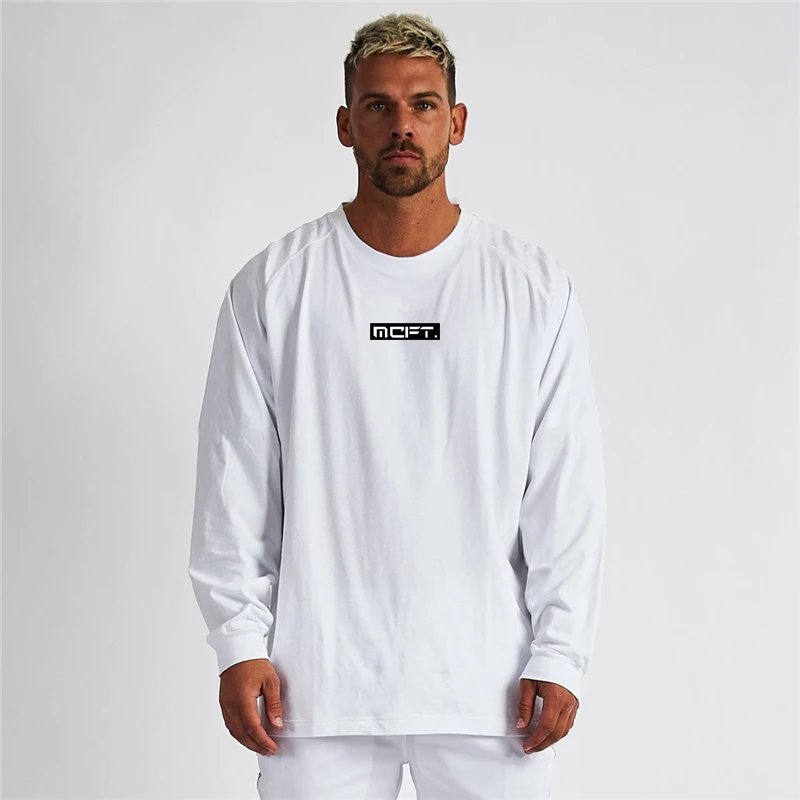 Men Solid Cotton Running T-Shirts Oversized Long Sleeve Loose Fit Crew Neck Gym Workout Training Bodybuilding Casual Sports Tops
