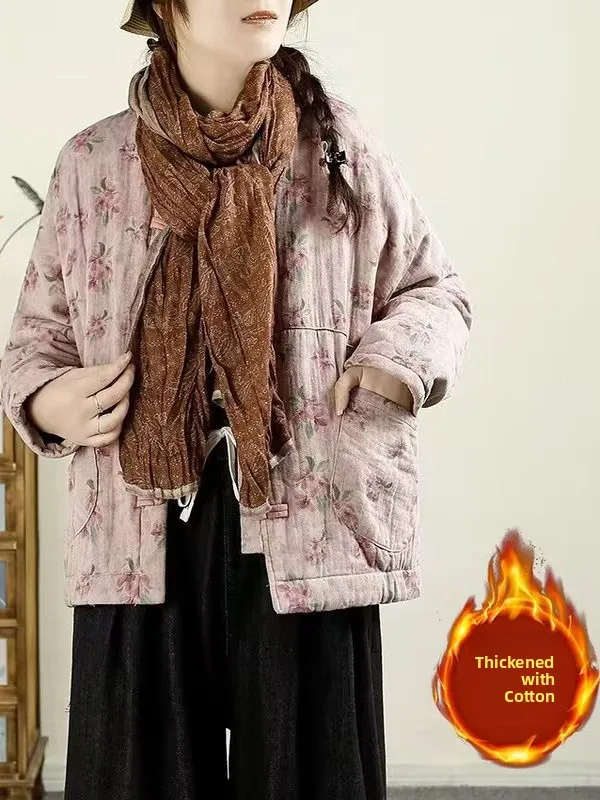 

Retro Button-Up Collar Floral Patchwork Cotton Jaet Women's Winter New Loose Small Size Thiened Warm Cotton Coat
