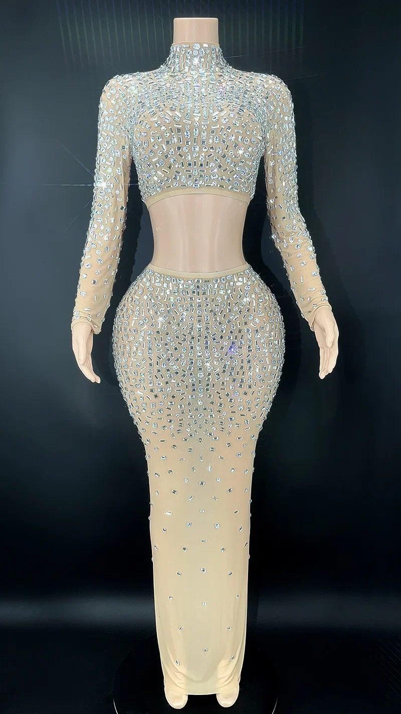 حجر الراين الزي أعلى تنورة طويلة مثير شفافة قطعتين مجموعة مهمة مكان الحفلة فستان الاحتفال فستان عيد ميلاد