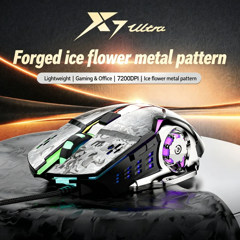 

X7 Uitra Wired Mouse Wheel Shaped Ergonomic RGB Light Up to 7200DPI Carbon Fiber Ice Flower Metal Texture Lightweight For Gaming