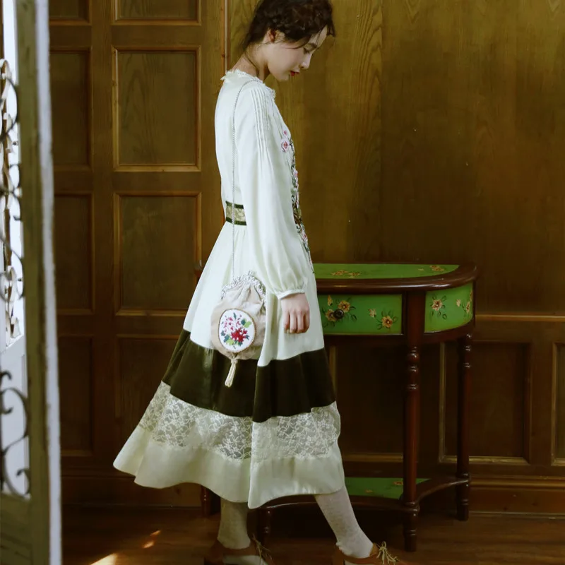 Robes longues en dentelle brodée pour femmes, col rond, manches longues, velours, satin, mince, vintage, buste, printemps, automne, 84-92cm