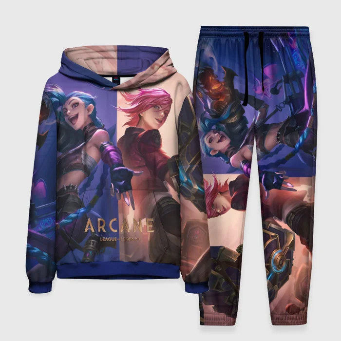 Anime arcano liga jinx gráfico hoodies calças 2 pçs conjunto impressão 3d das mulheres dos homens agasalho outfits casual harajuku pulôver jogger conjunto