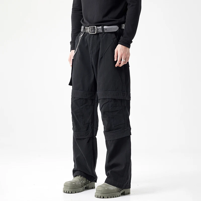 High-end American tide black wide-legged pants work pants men's loose straight trend gang handsome men's jeans Streetwear