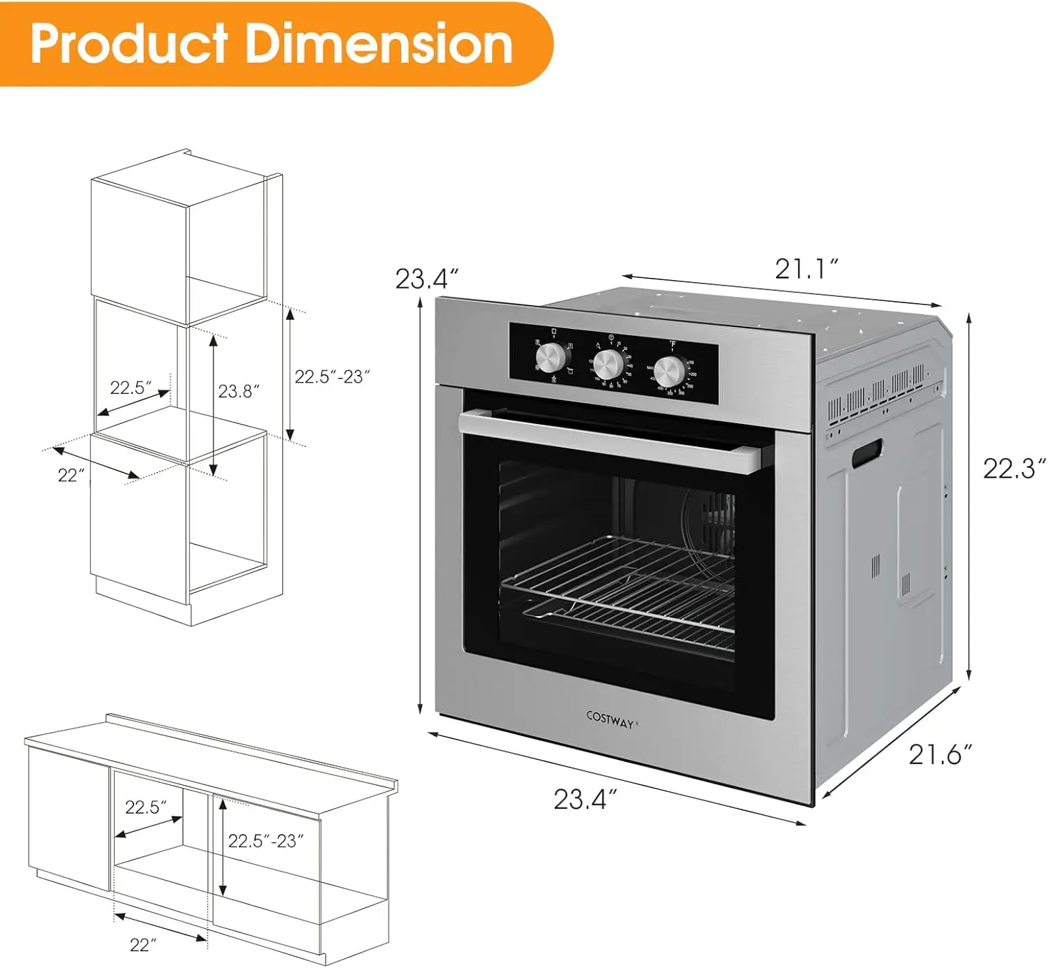 Costway-elétrico embutido único forno de parede, 24 no forno, 2,47 Cu Ft Rotisserie e funções de cozinha, capacidade de 5, 360 °