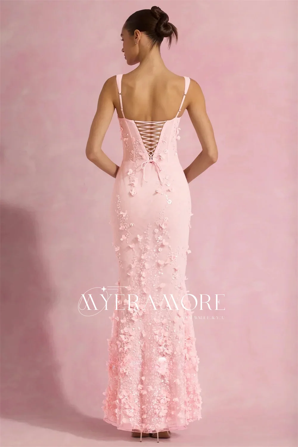 Sexy Women Evening Dress Pink Floral Appliques Square Neck Spaghetti Strap Prom Dresses Elegant Wedding Guest Dress Customized image 2