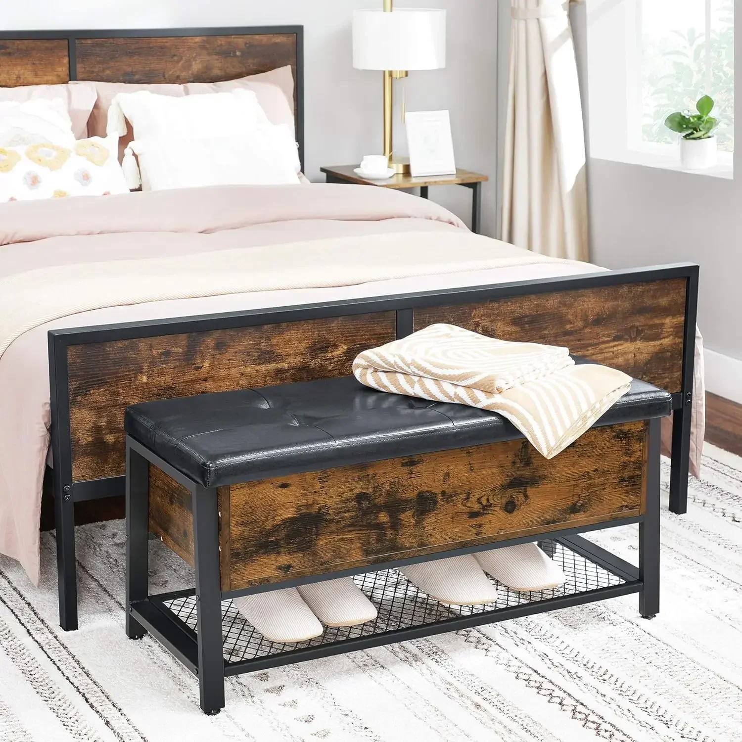 Industrial Storage Bench, Bed End Stool with Padded Seat and Metal Shelf, Sturdy Steel Frame, 15.7