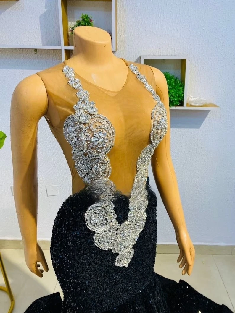 Vestidos longos de baile preto faísca pura feminino, vestidos de festa de gala, lantejoulas de luxo diamante sereia