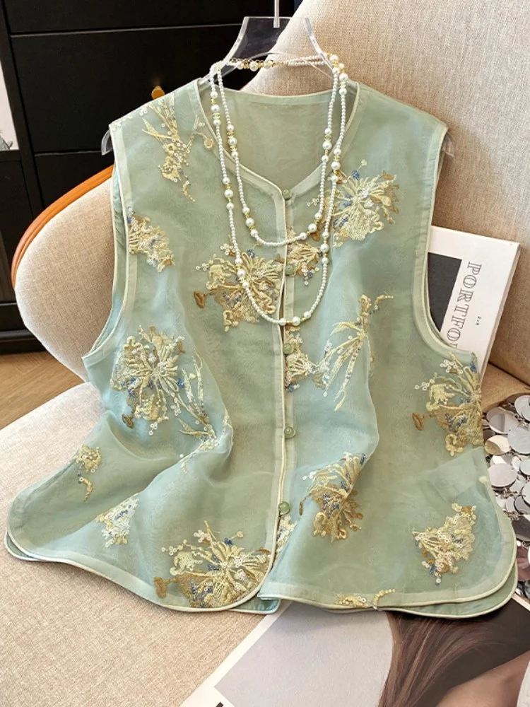 Elegant Chinese Style Embroidered Vest Women's Summer Layering Vintage Ogees Sleeveless Tank Top Cotton Polyester Blend