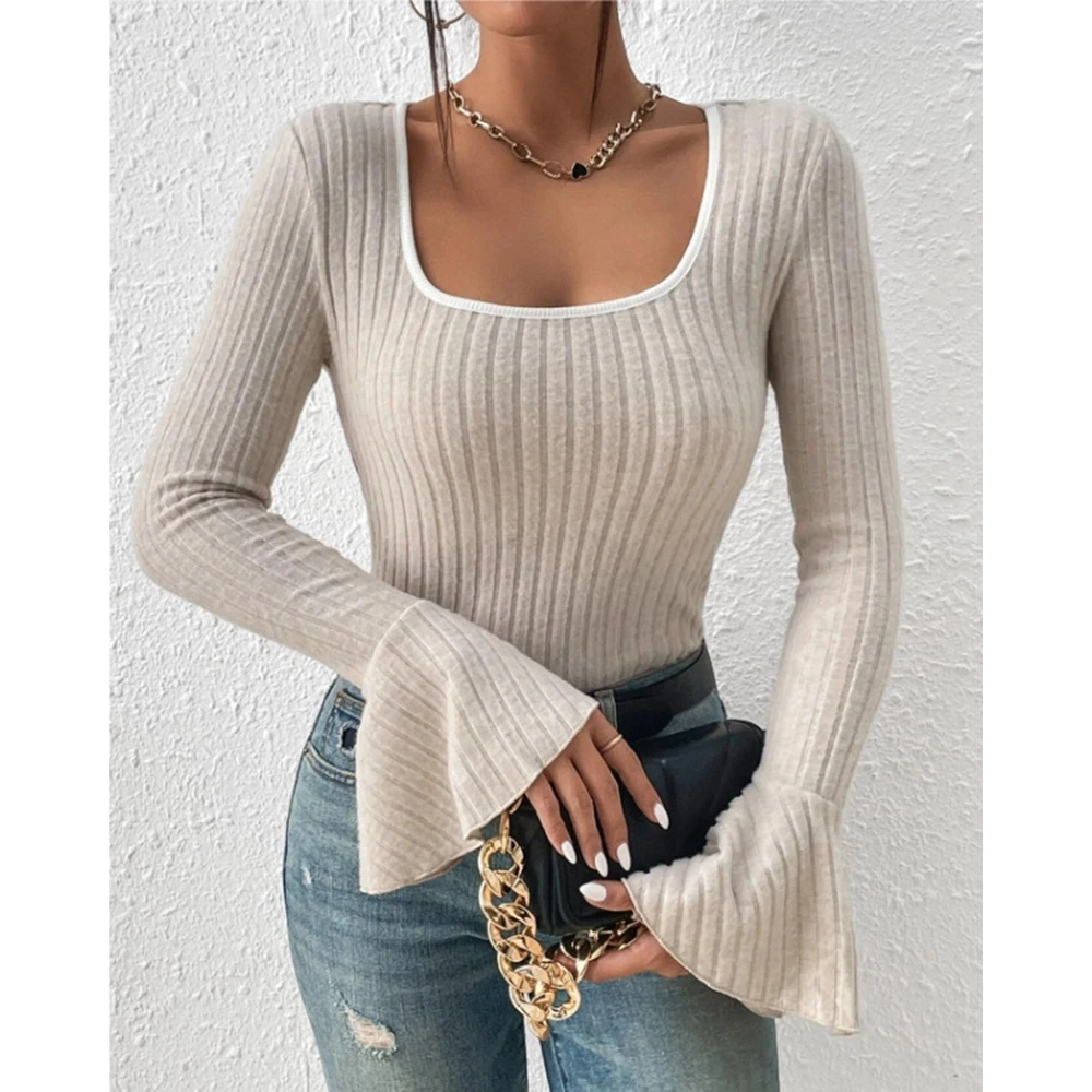 

2024 Autumn Women Ribbed U Neck Flare Long Sleeve T Shirt Blouse Fashion Elegant Femme Skinny Colorblock Top Street Wear Traf