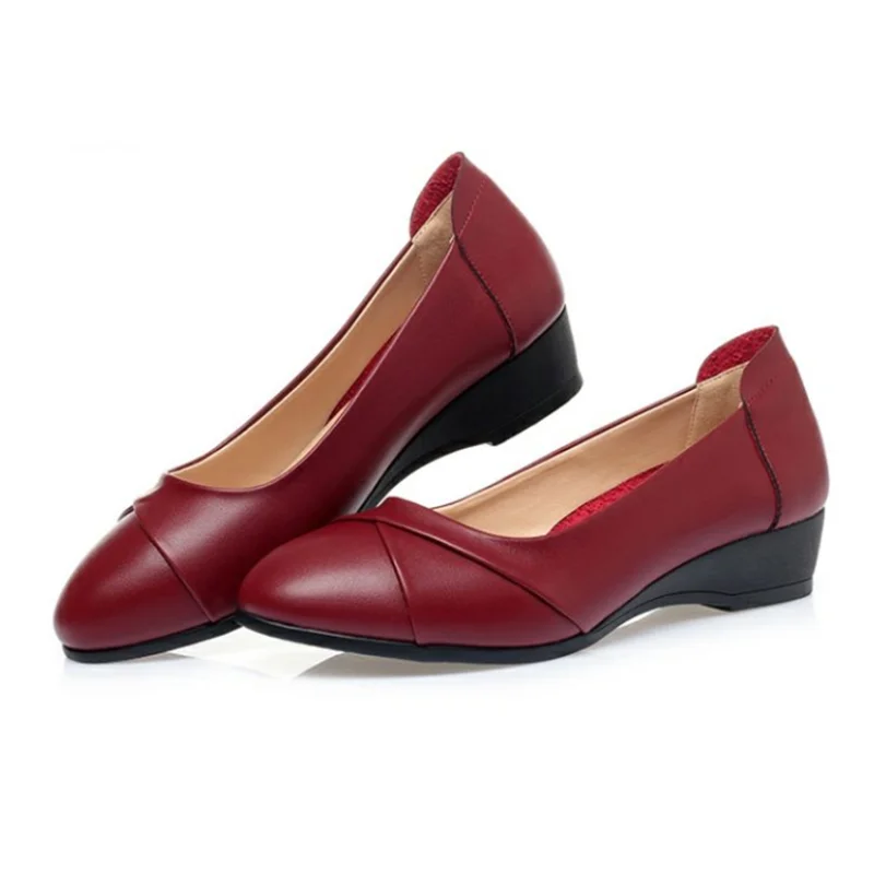 Women Fashion Round Toe Light Weight Red Patent Leather Slip on Wedge Heel Shoes Female Black Office Heels for Spring A144