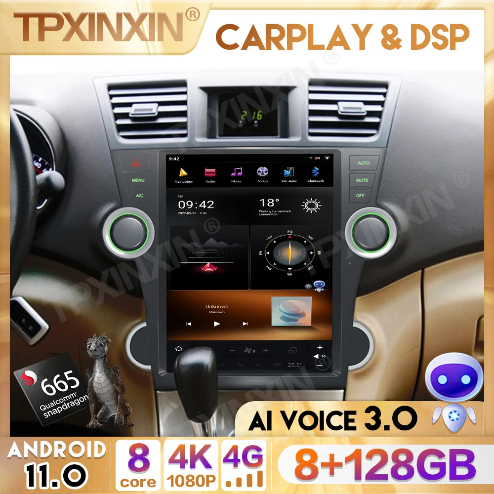 

Автомобильный радиоприемник Qualcomm Android 11 для Toyota Highlander Kluger XU50 2009-2013, стерео автомобильный мультимедийный плеер в стиле Tesla с GPS, головное устройство