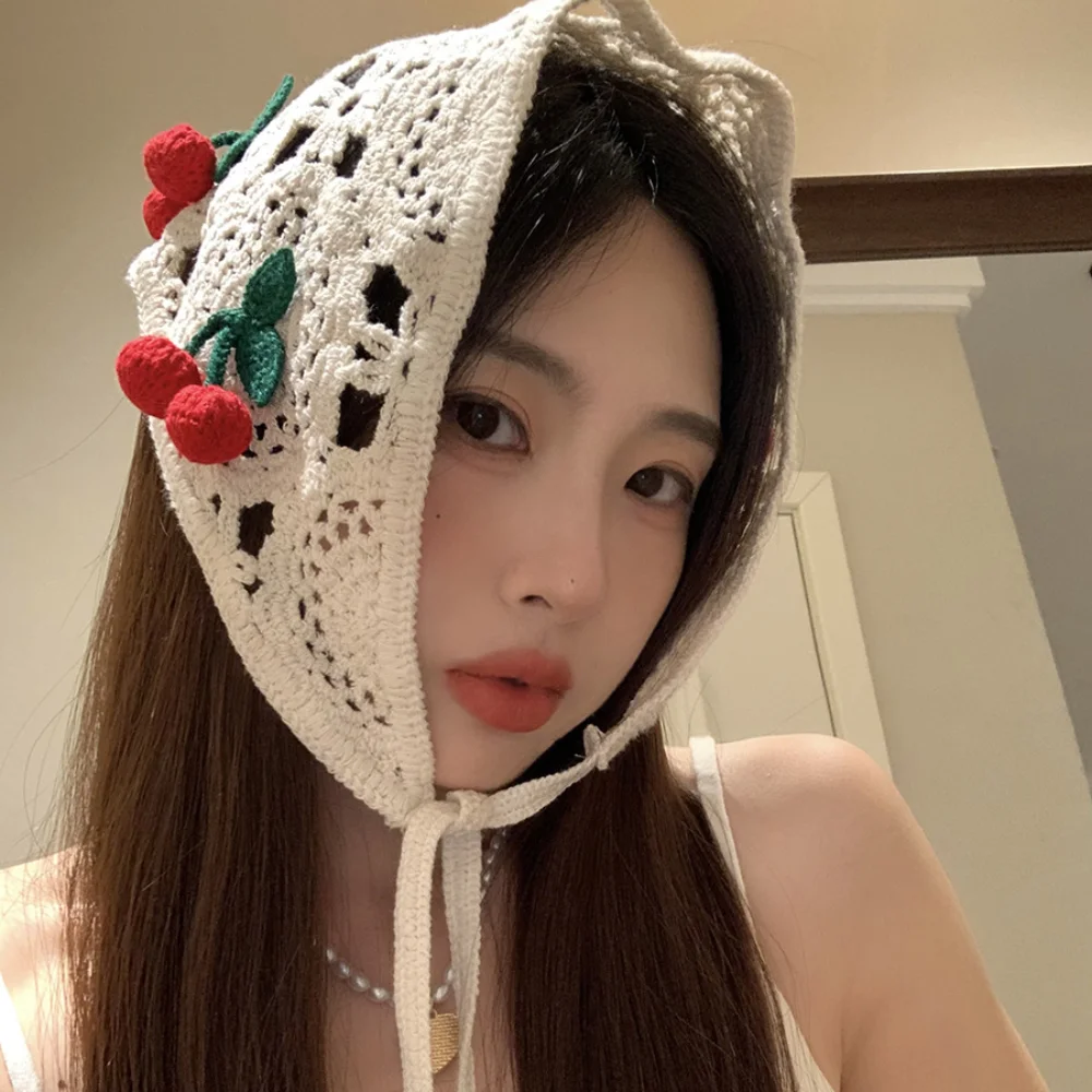 Knitted Triangle Headband Cute Little Cherry French Pastoral Style Headband Towel Handmade Crochet Headscarf Hat Girls