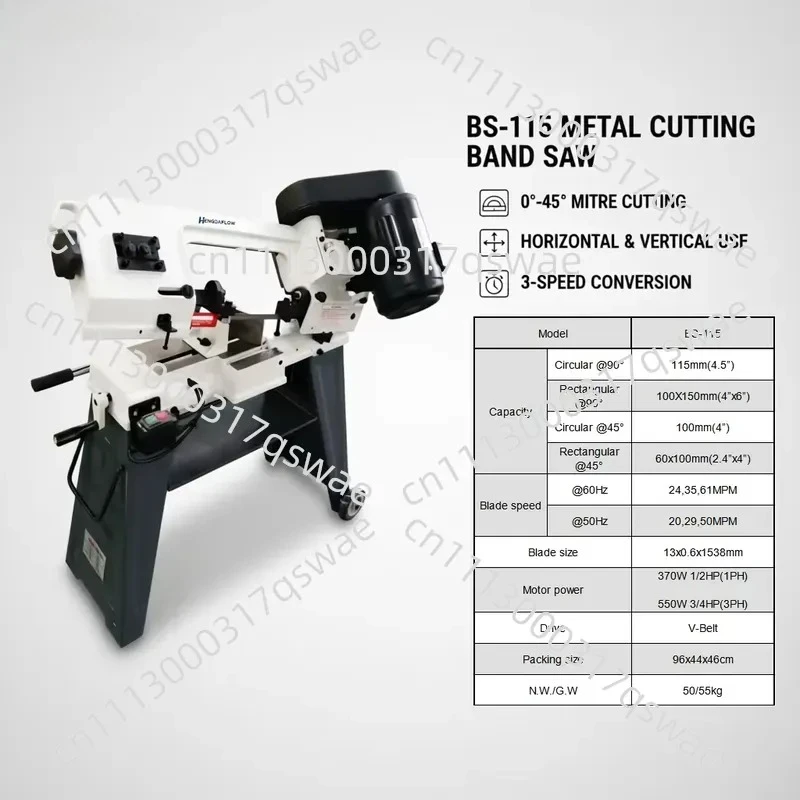 High-precision metal band saw with a cutting capacity of 115 mm, supports 45-degree/90-degree angle cutting