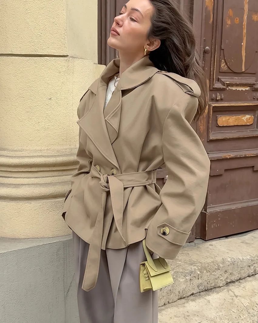 

2025 Waist Cnched Woman Coat Strap Design Sense Elegant Fashionable Trend Versatile Long Sleeve Traf Women's Demi-Season Jacket