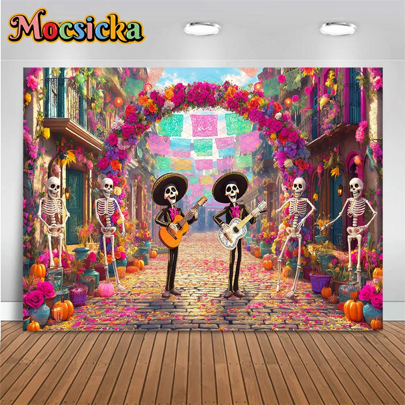 Mocsicka Day Of The Dead Photography Backdrop Colorful Mexican Street Skeleton Background Kid Floral Photo Banner Party Tapestry