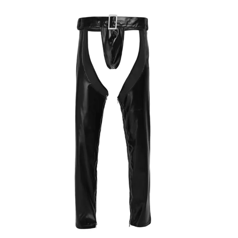 Men's Crotchless Leather Pants Sexy Zipper Detailing Nightclub Stage Costume Fetish Wear Pole Dance Chaps for Men