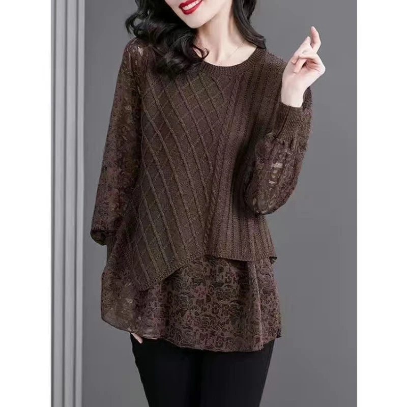 Women Lace Patchwork Elegant Knitted Sweater Autumn Winter Fashion Asymmetrical Chic Long Sleeve Knitwear Solid Loose Pullovers