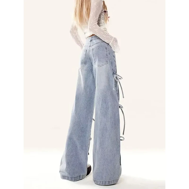 Jeans legati con papillon da 1 pezzo per donna Pantaloni larghi larghi versatili retrò americani Pantaloni casual a gamba dritta