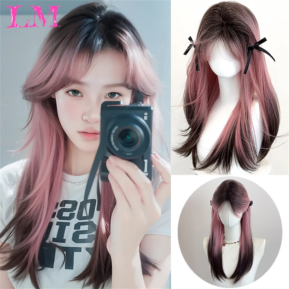 LM Long Body Wave Ombre Brown Pink Synthetic Wigs with Bangs Natural Wave for Women Cosplay Natural Wig Heat Resistant