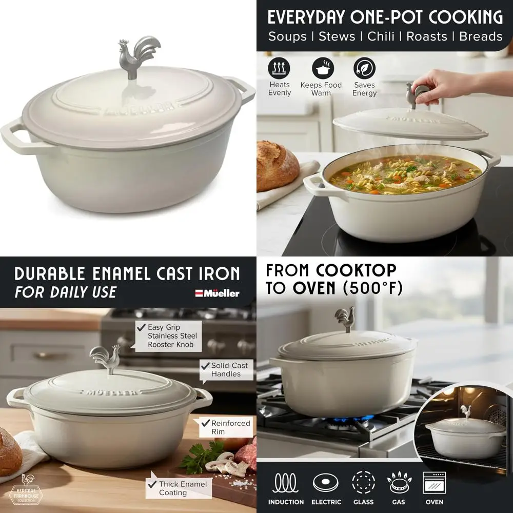 

Enameled Cast Iron Oval Dutch Oven 5.5 Quart, Heavy-Duty Cookware, Rooster Knob, Oven-Safe up to 500°F, Suitable for All Cooking