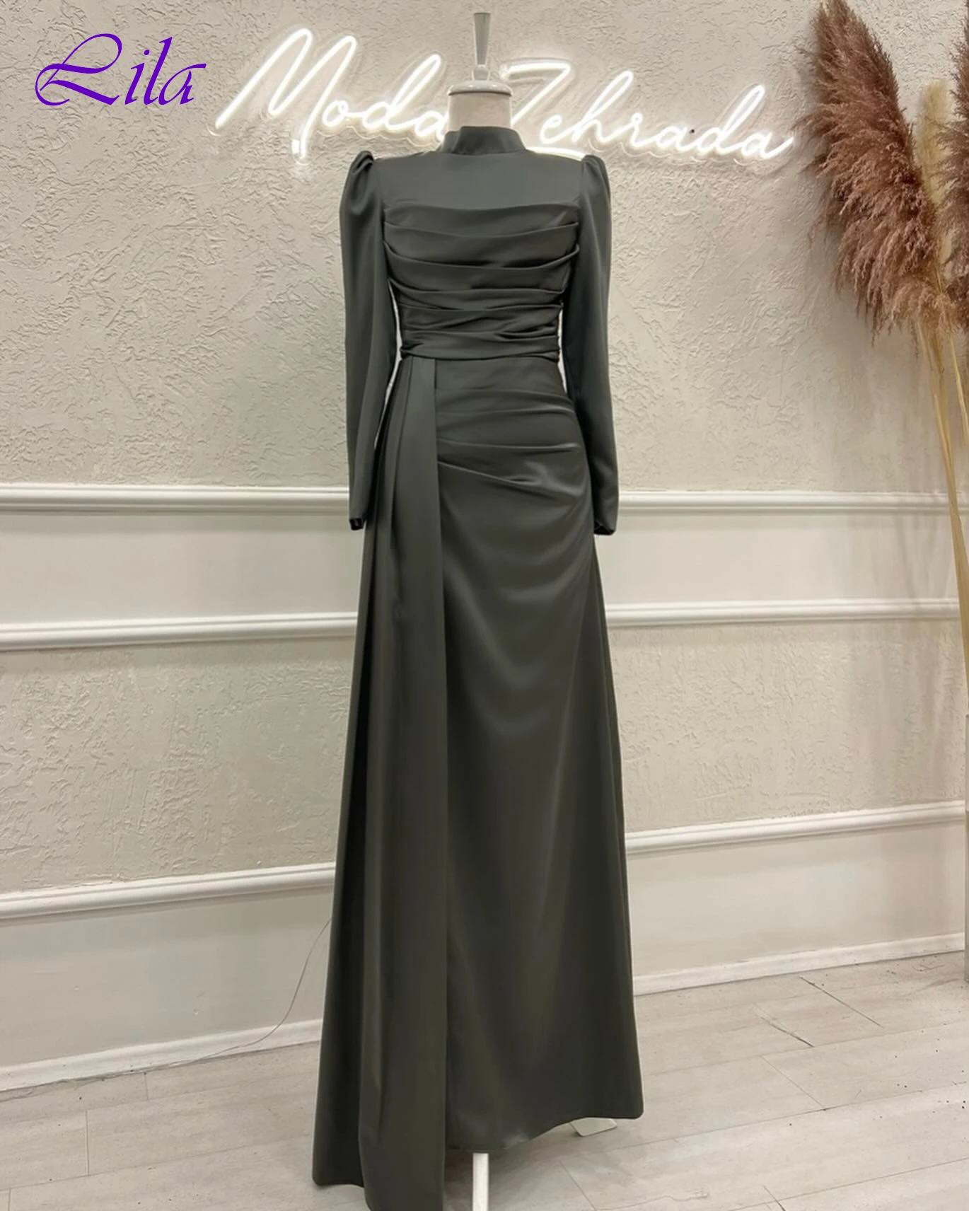 تخصيص مستقيم الياقة العالية طويلة الأكمام فستان سهرة رسمي أنيق جودة عالية فساتين المشاهير موضة فستان الحفلات