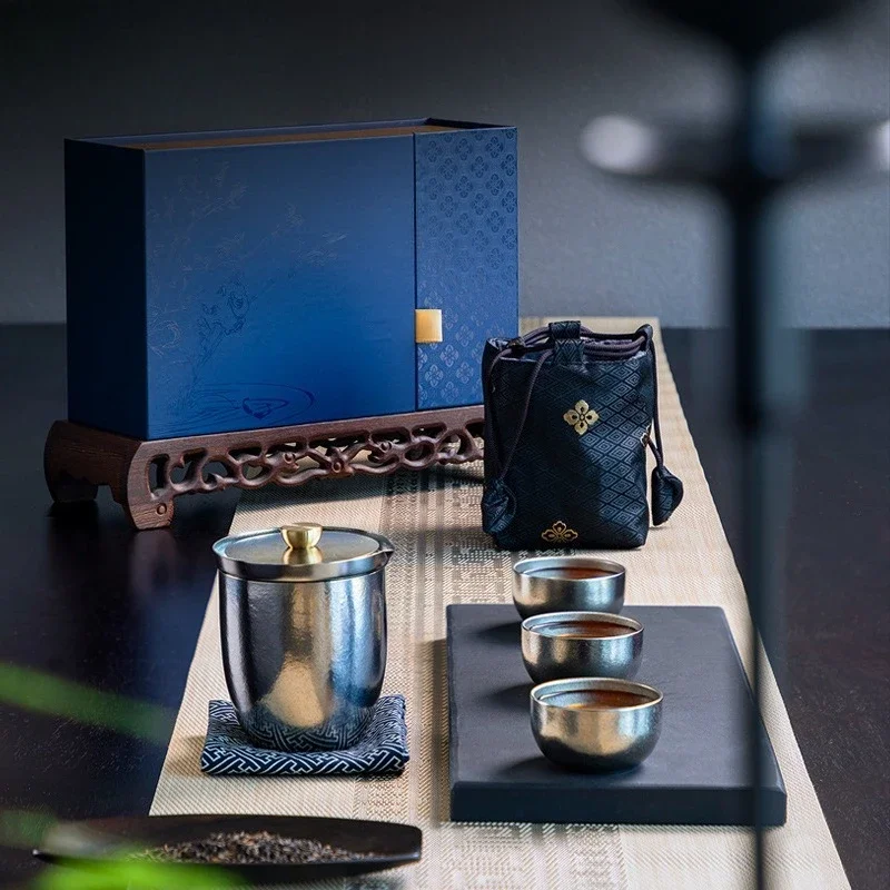 Tea set for outdoor travel Ultra-light portable tea maker One pot Three cups pure titanium  Teacup cover