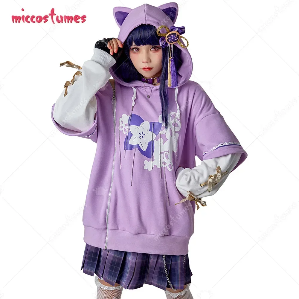 

Women's Raiden Shogun Derivative Pullover Hoodie with Detachable Bag Design Furry Cat Paw Gloves Fox Style Hooded Sweatshirt