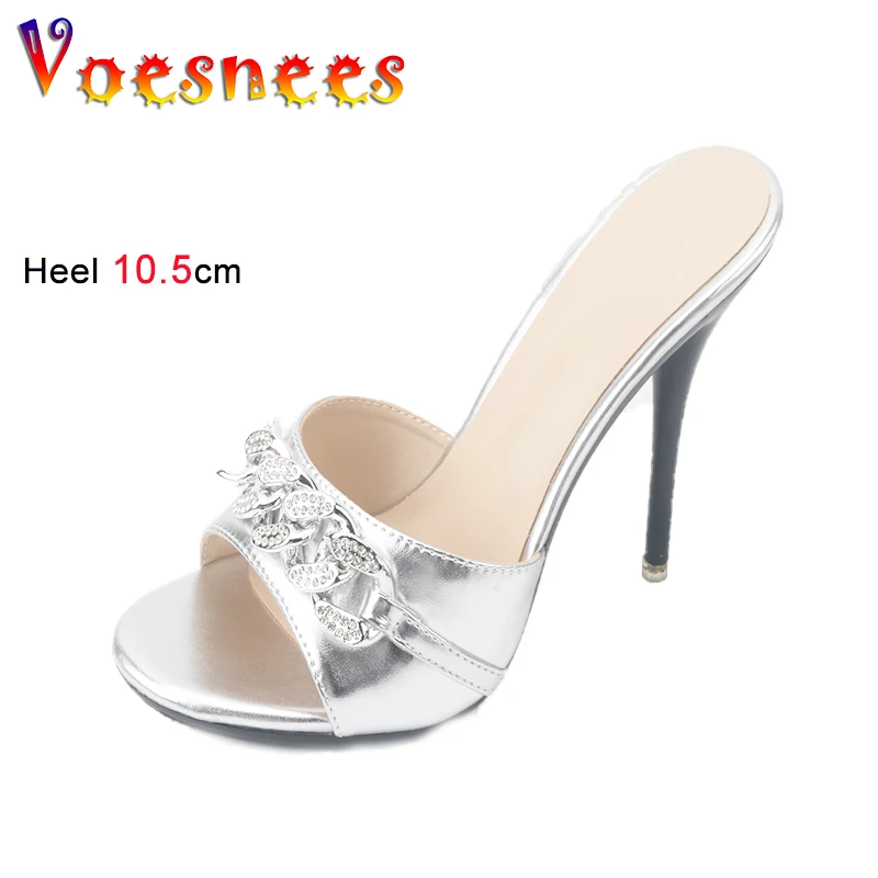 Women Summer High Heels Slippers Fashion Chain Style Party Ladies Shoes 10.5CM Thin High Heels Slip On Slides Designer Sandals