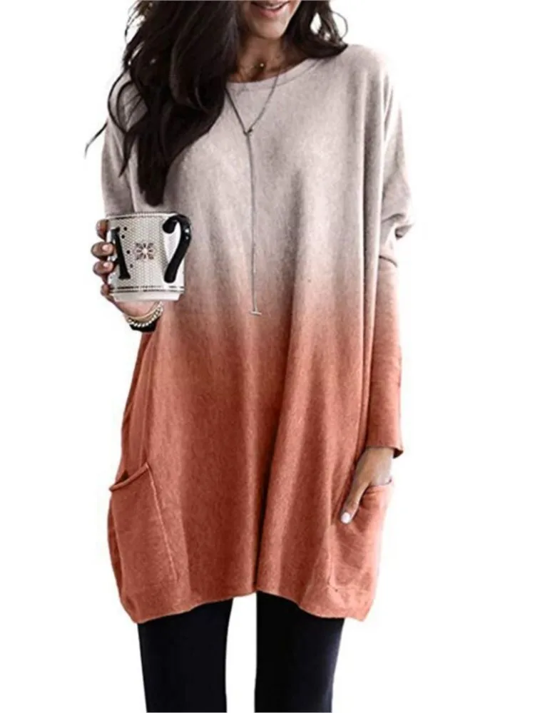 Women\'s Autumn Winter New Fashion Gradient Color Long Sleeved Casual Pocket T-shirt Round Neck Top Women\'s Clothing