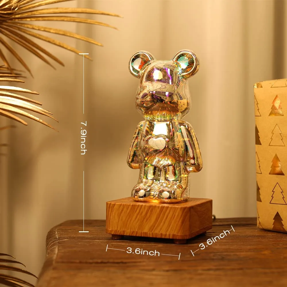 LED Glass Bear Figure Aesthetic 3D Firework Projector Lamp Statue Color Changeable Bear Figurine Sculpture Bedroom Decoration