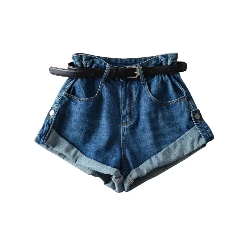 デニム レディース ジーンズ ハイウエスト セクシー ジーンズ カジュアル ボタン ポケット 2025 夏 ショートパンツ フェム デニム ワイドレッグパンツ ベルトなし