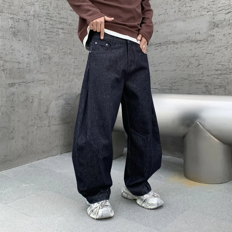 Fashionable Retro Trendy Brand Hanging Deep Blue Curved Knife Jeans Men'S Ins Style Casual Loose And Versatile Wide Leg Pants