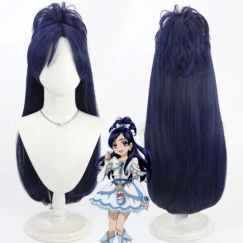 Wig Cosplay Yukishiro Honoka Futari wa Pretty Cure Cure Wig Ekor Kuda Biru Tua 60Cm Putih Rambut Tahan Panas