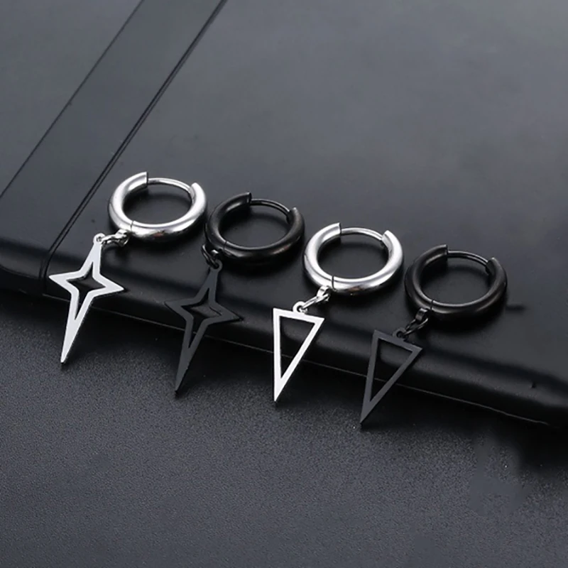 SOHOT 1 Piece Hollow Out Cross Triangle Geometry Titanium Steel Hoop Earrings Unisex Jewelry Punk Hip Hop Fashion Wholesale Gift