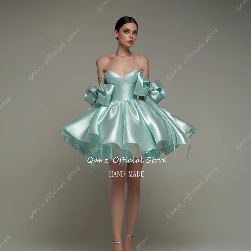 Qanz Short Prom Dresses Sexy  Ribbon Bow Sleeves Satin Wedding Party Dress Lace Up Back Backless Cocktail Dresses Customized image 3