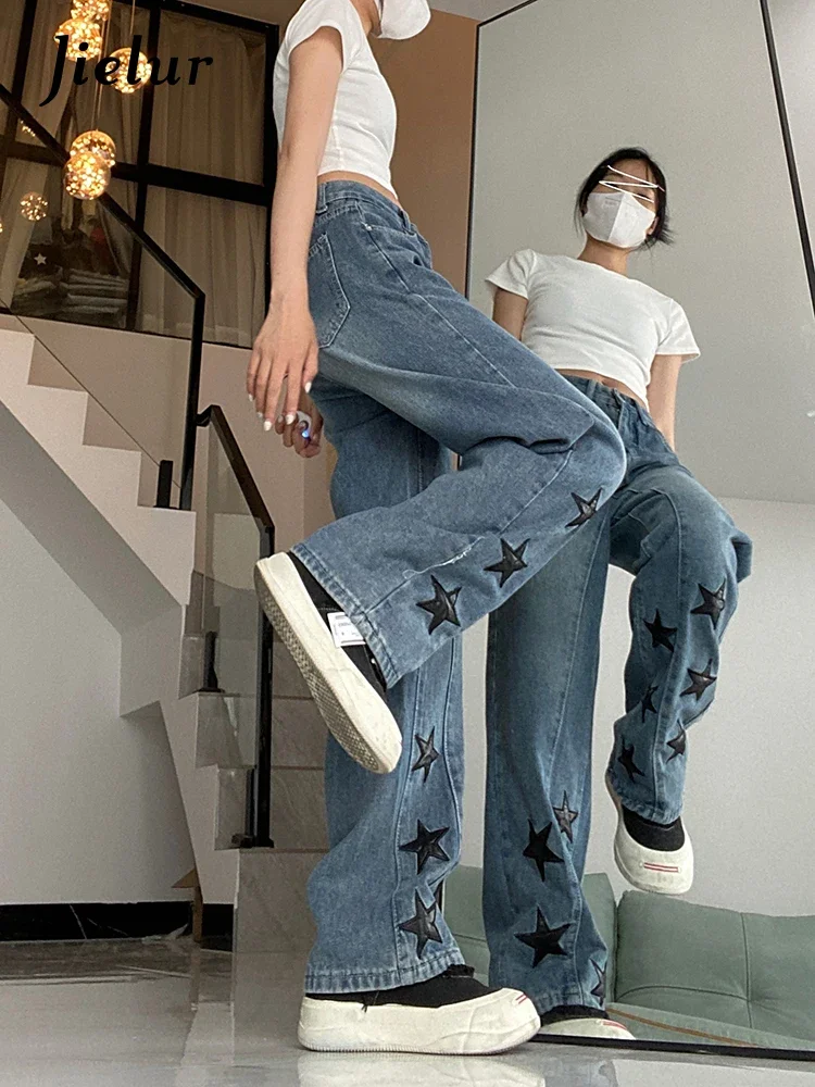 Jielur Stars Printed American Style Female Jeans Summer New Straight Fashion Ins Women's Wide Leg Pants Chic Streetwear Jeans