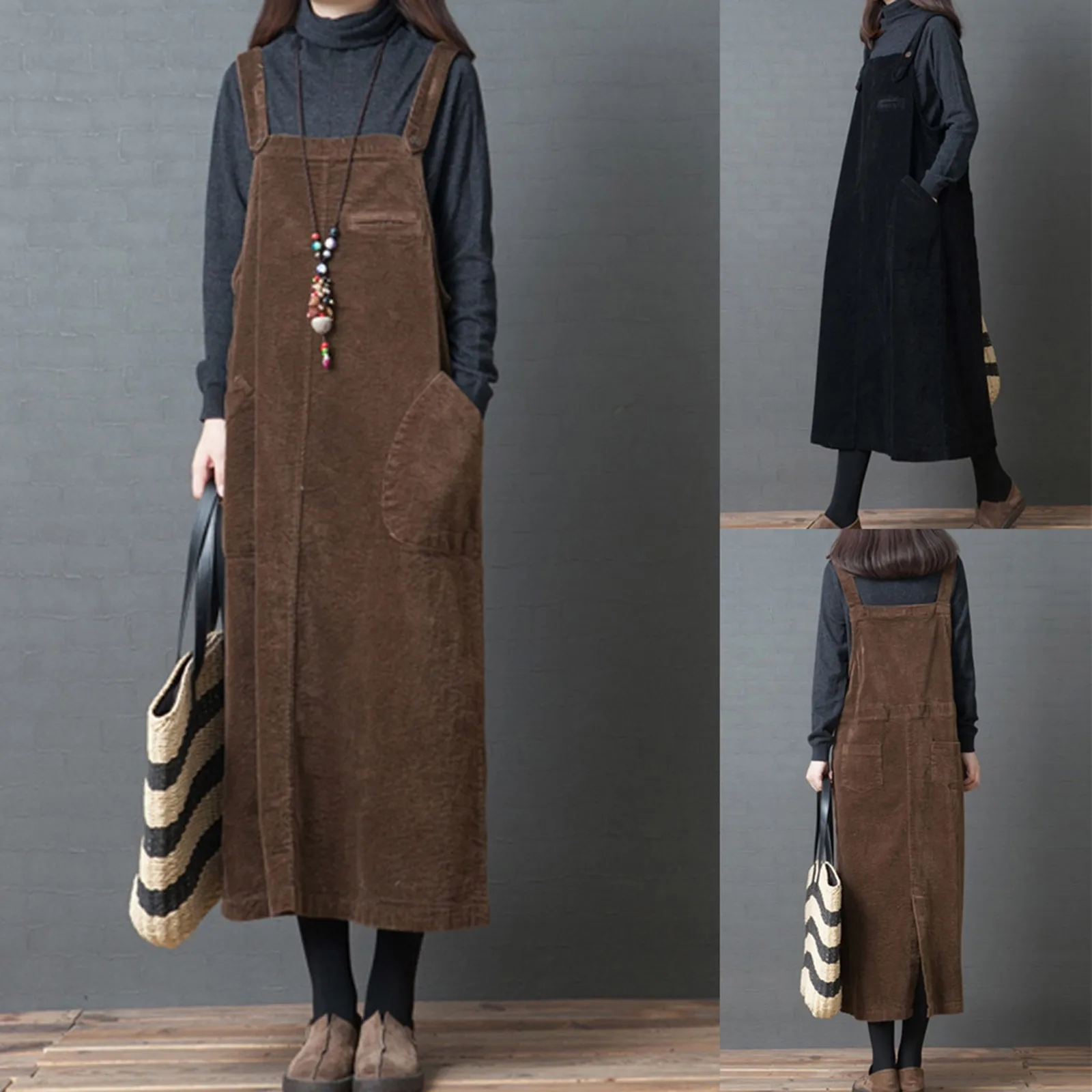 Vintage Long Dress Women Corduroy Strap Dress Fall Elegant Midi Suspender Skirt Girl Plus Size Solid Big Pockets Loose Dress